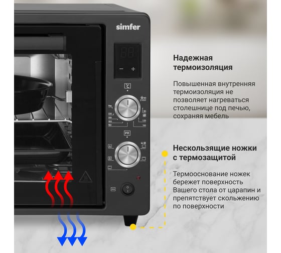 Мини-печь SImfer 6 режимов, конвекция, двойное стекло, цифровой дисплей, цвет черный M7072