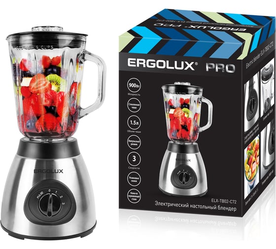 Настольный блендер Ergolux ELX-TB02-C72 PRO серебристо-черный, 900 Вт, 220-240 В, стеклянная чаша 15251