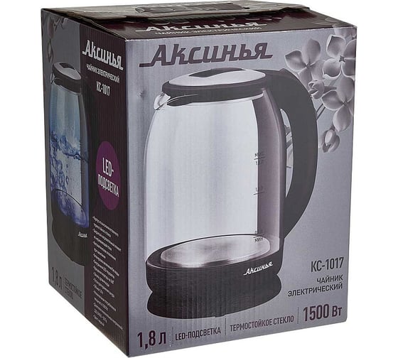 Чайник Аксинья КС-1017 корпус из жаропрочного стекла, 1,8 л,1500 Вт, черный Р1-00016673