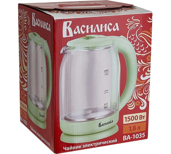 Чайник ВАСИЛИСА ВА-1035, корпус из жаропрочного стекла, 1,8 л, 1500 Вт, зеленый Р1-00016672