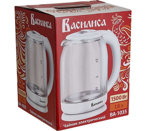 Чайник ВАСИЛИСА ВА-1035, корпус из жаропрочного стекла, 1,8 л, 1500 Вт, белый Р1-00016671