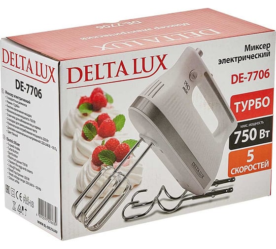 Миксер Delta LUX DE-7706 белый, 750 Вт, 4 насадки, 5 скоростных режимов Р1-00018345