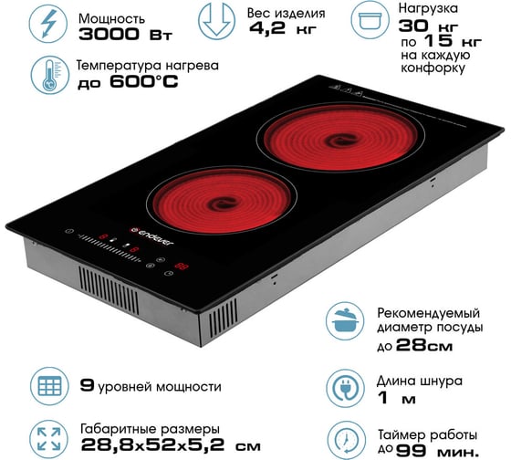 Электрическая стеклокерамическая варочная панель Endever Skyline DP-62 3000 Вт, черный, 2 конфорки 90441