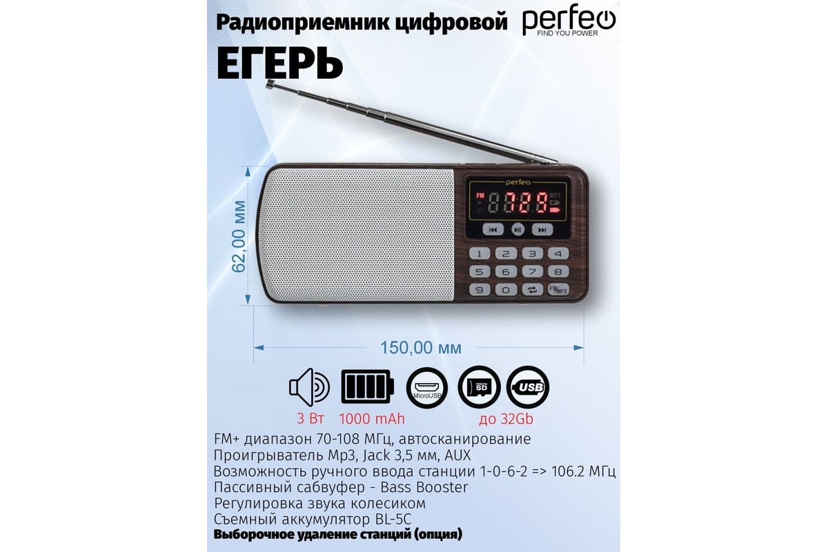 Цифровой радиоприемник Perfeo ЕГЕРЬ FM MP3 синий 30008713 - выгодная цена,  отзывы, характеристики, фото - купить в Москве и РФ