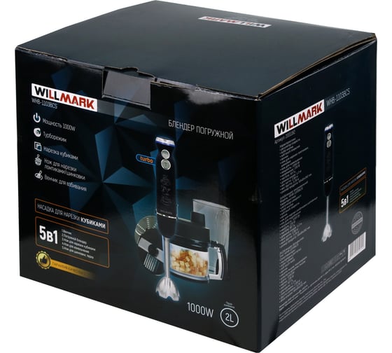 Блендер Willmark WHB-1103BCS погружной 1000Вт,нар. кубик, чаша 2л.,soft touch,венчик,измельч, черный 2001182