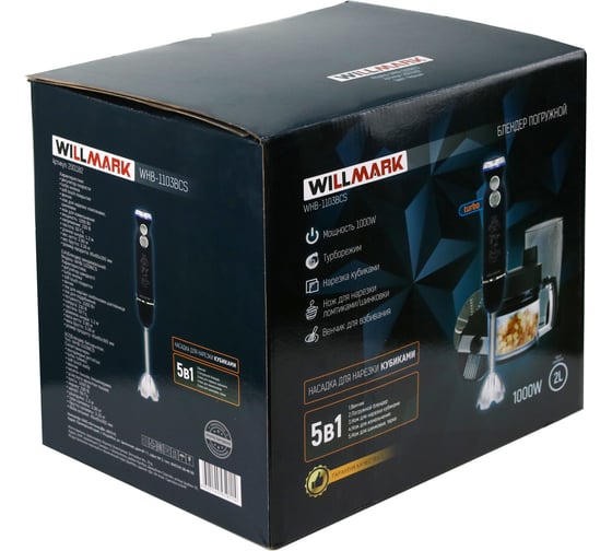 Блендер Willmark WHB-1103BCS погружной 1000Вт,нар. кубик, чаша 2л.,soft touch,венчик,измельч, черный 2001182