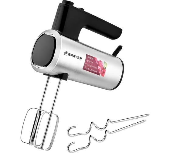 Миксер BRAYER 1306BR 800 Вт, 5 скоростных режимов, турбо, венчики, насадка для взбивания BR1306