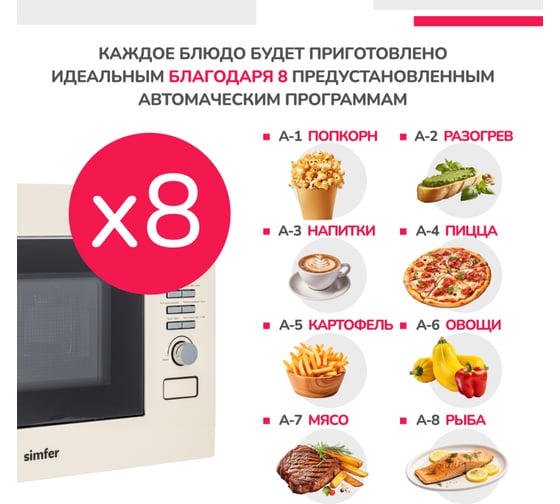 Встраиваемая микроволновая печь SImfer 22 литра, 8 режимов, гриль, 1150 Вт, бежевый MD2713