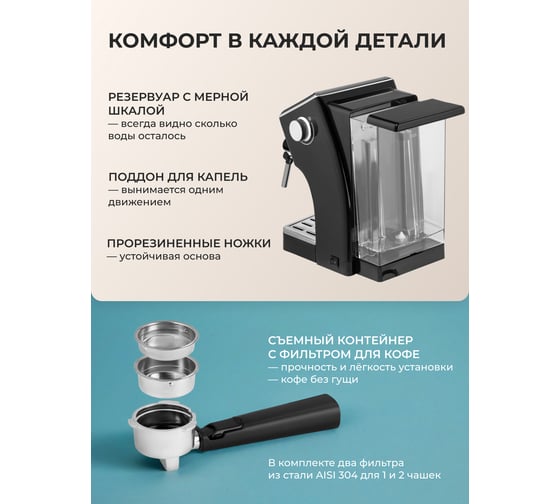 Кофеварка электрическая Galaxy LINE GL 0756 черная, 1500 Вт, 20 бар, съемный резервуар 7010407562