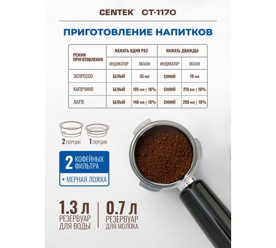 Кофеварка Centek 3в1, эспрессо, 20 бар, капучино + латте, 1.3 л + 0.7 л, 1350 Вт, сенсор, LED CT-1170