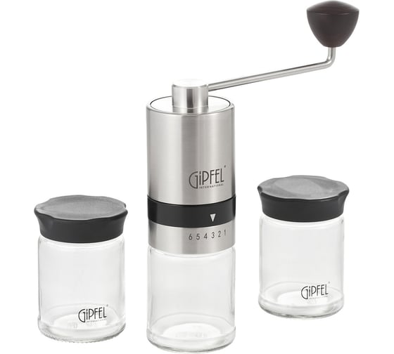 Кофемолка ручная GIPFEL ESSENCE со стальными жерновами, с двумя стеклянными баночками для хранения кофе в подарочной упаковке, стекло, пластик, нержавеющая сталь 18/10 51906