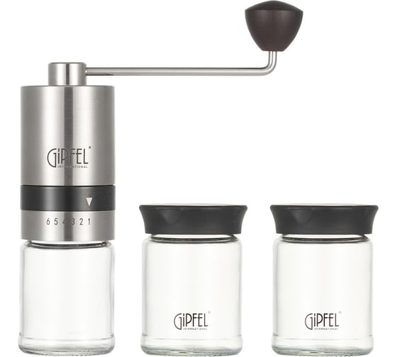 Кофемолка ручная GIPFEL ESSENCE со стальными жерновами, с двумя стеклянными баночками для хранения кофе в подарочной упаковке, стекло, пластик, нержавеющая сталь 18/10 51906