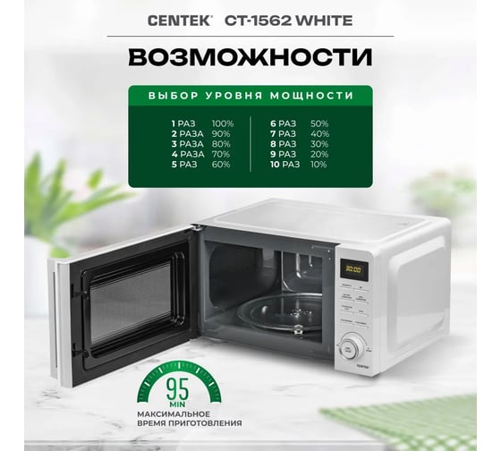 Микроволновая печь Centek CT-1562 белый, 700 Вт, 20 л, LED дисплей, 11 уровней мощности, таймер, подсветка CT-1562 White