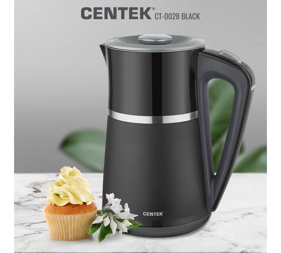 Чайник Centek CT-0028 черный, 1.7 л, 2200 Вт, двойной корпус сталь+пластик, двойная стенка, сохранение тепла CT-0028 Black