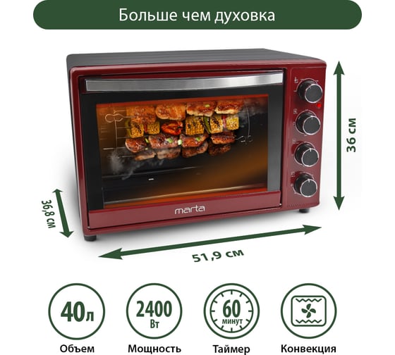 Мини-печь MARTA MT-4267 бордовый гранат, конвекция+шашлычница+эмаль 40124