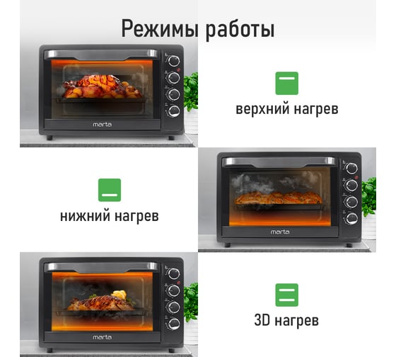 Мини-печь MARTA MT-EO4291A черный жемчуг, 65 л, 12 режимов+конвекция+ шашлыч+вертел 40474