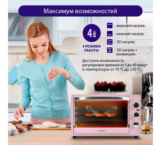 Мини-печь LUMME LU-1709 розовый опал, 33 л, конвекция + гриль 42705