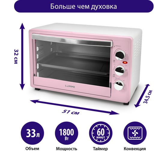 Мини-печь LUMME LU-1709 розовый опал, 33 л, конвекция + гриль 42705