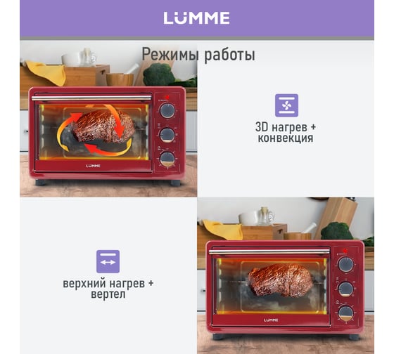 Мини-печь LUMME LU-EO1715C бордовый гранат, 30 л, конвекция + вертел 39766