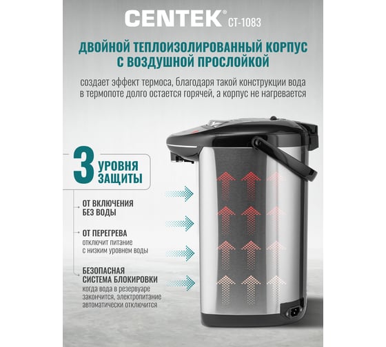 Термопот Centek 5.0л 800Вт, 3 способа подачи, повторное кипячение, двойная защита CT-1083