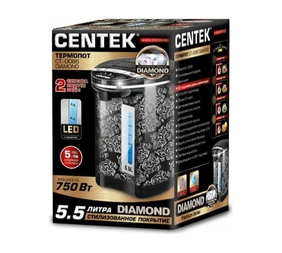 Термопот Centek DIAMOND 5.5л, 750Вт, LED-подсветка, большое окно, 2 способа подачи воды CT-0086