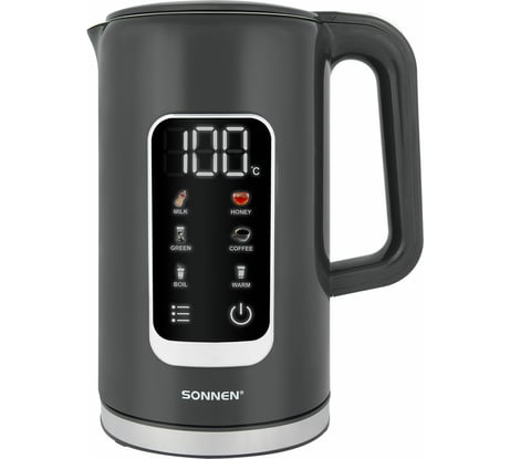 Чайник с терморегулятором и дисплеем SONNEN ДВОЙНЫЙ СТЕНКИ, KT-8723G, 1,7л, 2200Вт, серый 454690