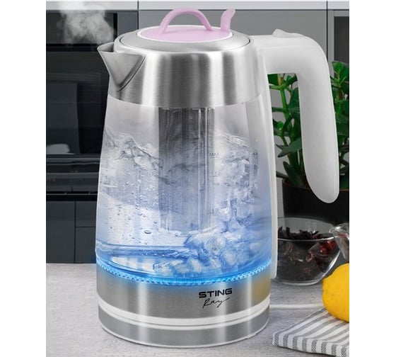 Стеклянный чайник STINGRAY ST-KT3006A белый/розовый 41094
