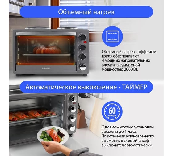 Мини-печь LUMME LU-1707 серый жемчуг духовой шкаф 38 литров гриль+плитка 36617