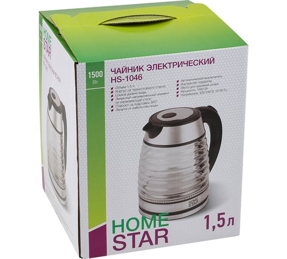 Чайник HomeStar HS-1046 1.5 л., стекло, пластик, черный 108854