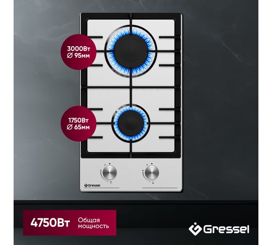 Встраиваемая панель газовая Gressel 30 см, металл U30V20M000