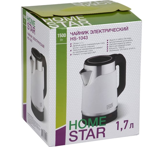 Чайник Homestar HS-1043 1.7 л, белый, двойной корпус 108855