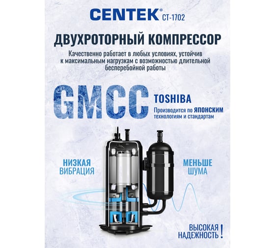 Холодильник Centek класс A+, 66л, 445x510x630мм, 2 полки, 42 dB CT-1702
