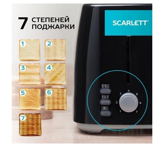 Тостер Scarlett на два ломтика 800 Вт, 7 степеней, подогрев,отмена,размораживание SC-TM11068
