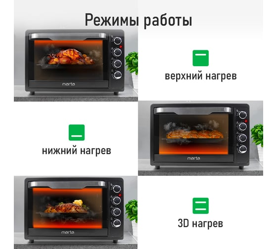 Духовой шкаф (мини-печь) MARTA MT-EO4291C черный жемчуг, 65 л, (Аэрофритюрница,конвекция,шашлычница) 42163