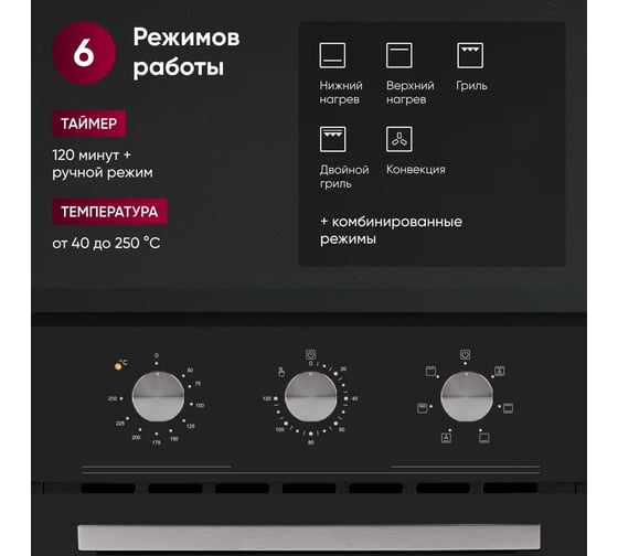 Встраиваемый духовой шкаф Gressel 45 см, 6 режимов, 50 л, конвекция, двойное стекло, гриль, доводчик дверцы, таймер U4ES16000
