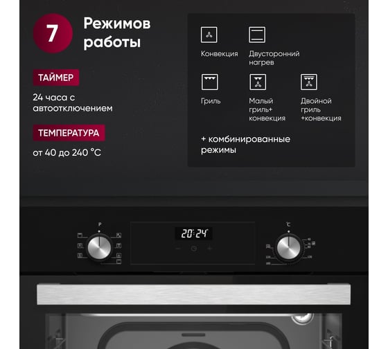 Встраиваемый духовой шкаф Gressel 60 см, 7 режимов, 80 л, конвекция, двойное стекло, гриль, таймер U6EB68005