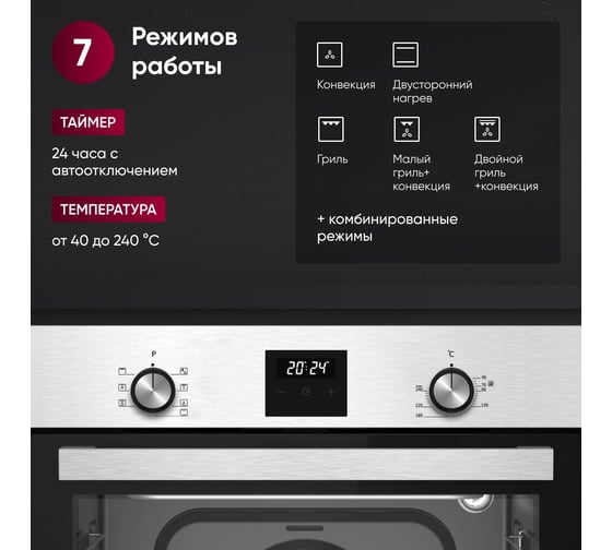 Встраиваемый духовой шкаф Gressel 60 см, 7 режимов, 80 л, конвекция, двойное стекло, гриль, таймер U6EM68005