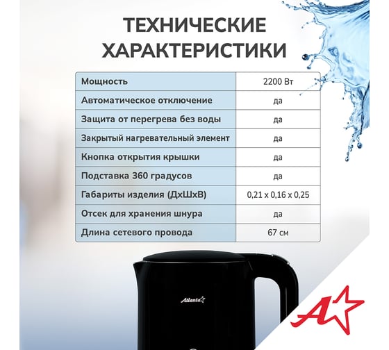 Чайник двухстенный электрический Atlanta ATH-2538 black