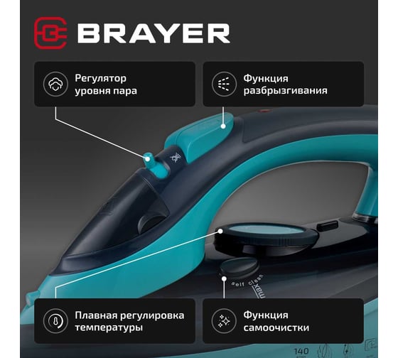 Паровой утюг BRAYER 4019BR 2400 Вт, керамическое покрытие, пар 140 г/мин, автоотключение, 320 мл, вертикальное отпаривание BR4019