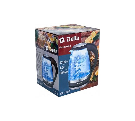 Чайник Delta DL-1202 корпус из жаропрочного стекла, черный 2200 Вт, 1.5 л 0R-00001129