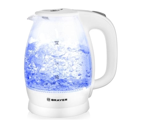 Электрический стеклянный чайник BRAYER 2200 Вт, 1.8 л, высокопрочное стекло, подсветка, автоотключение, моющийся фильтр BR1013WH
