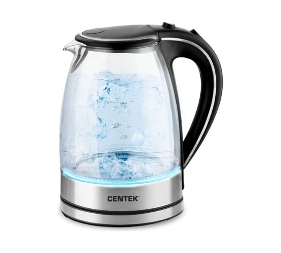 Чайник Centek CT-1009 BLS серебро/черный, стекло, 1.7 л, 2200 Вт, внутренняя LED подсветка, кнопка 1