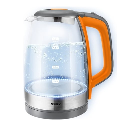 Чайник Centek CT-0065 Orange стекло, 1.7 л, 2200 Вт, LED-подсветка, мерная шкала, защита от включения без воды