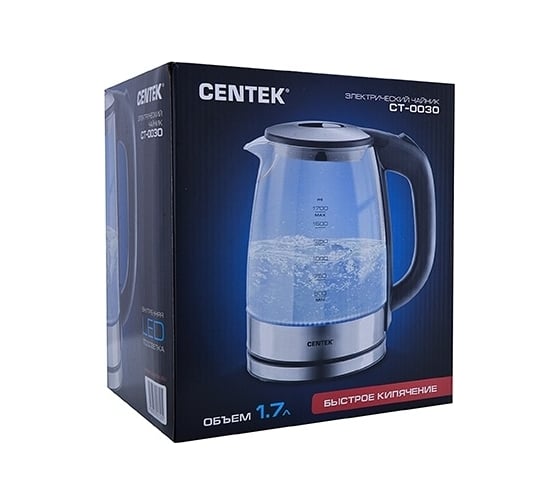 Чайник Centek стекло 1.7л, 2200Вт, внутр. LED подсветка,защита от вкл б/воды CT-0030