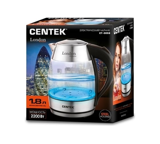 Чайник Centek London стекло, 1.8 л, 2200 Вт, LED-подсветка, отделка нержавеющая сталь  CT-0059