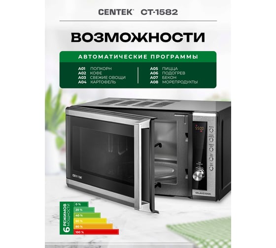 Микроволновая печь Centek СВЧ CT-1582 сталь, 700W, 20 л, 8 программ, таймер, подсветка, камера эмаль, ЖК-дисплей