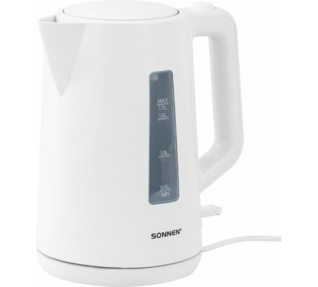 Чайник электрический SONNEN KT-1303, 1,7л, 2200Вт, пластик, белый, 456374