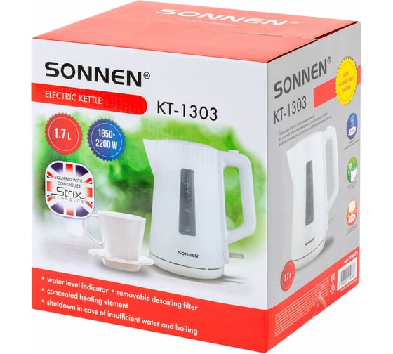 Чайник электрический SONNEN KT-1303, 1,7л, 2200Вт, пластик, белый, 456374