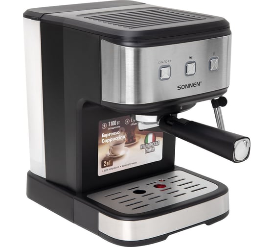 Кофеварка рожковая SONNEN CM8501 ручной капучинатор, 1100Вт, 1,5л, 15бар, черная/серебро, 456335