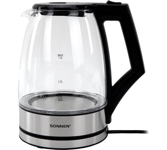 Чайник электрический SONNEN KT-1807, 1,8л, 2200 Вт, стекло, сталь, подсветка 455140 1